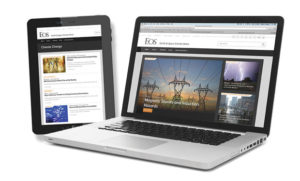 images of the eos.org website displayed on a tablet and a laptop